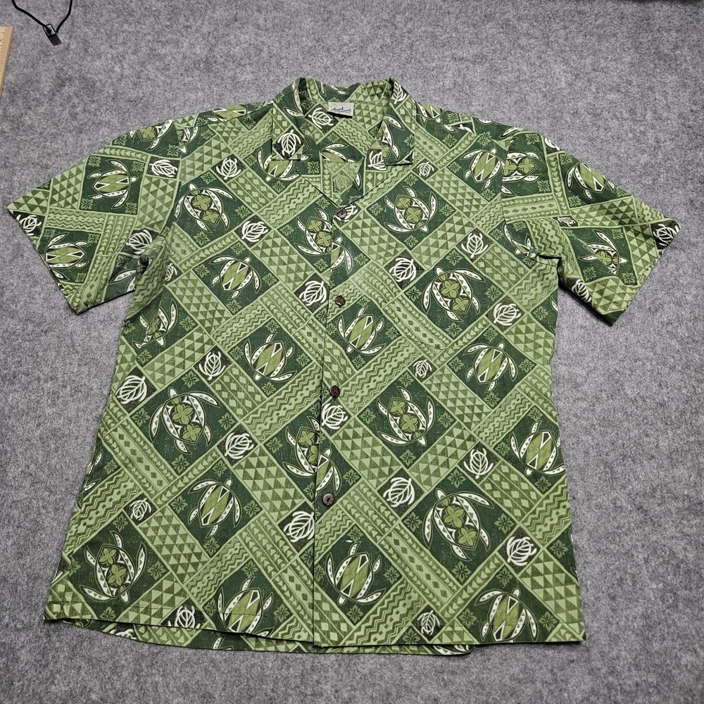 Royal Creations Turtle Hawaiian Shirt Men XL Green White Mosaic Tribal Print